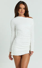 Abbie Mini Dress - Textured Jersey Tip Shoulder Ruched Bodycon Dress in White