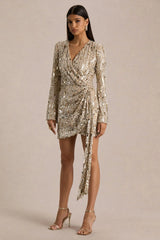 Carmina | Gold Sequin Plunge-Neck Wrap Mini Dress With Sash Detail
