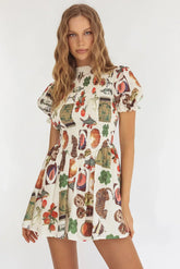 Nia Shirred Puff Sleeve Mini Dress Exotic Print Beige