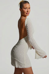 Embellished Open-Back A-Line Mini Dress in White