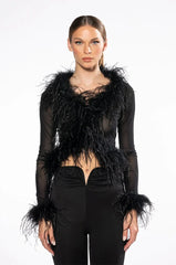 DARK ANGEL MESH FEATHER TRIM TOP