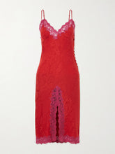 Lace-trimmed silk-satin midi dress