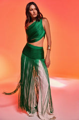 GINA SINGLE SHOULDER FRINGE TOP IN KELLY GREEN