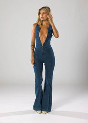 Duttini | Fitted Denim Jumpsuit With Plunge Neck And Flared Legs