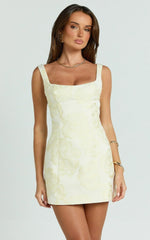Orla Mini Dress Jacquard Scoop Neck Fitted Dress in Lemon