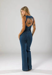 Duttini | Fitted Denim Jumpsuit With Plunge Neck And Flared Legs