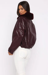 No Competition Pu Bomber Jacket Burgundy