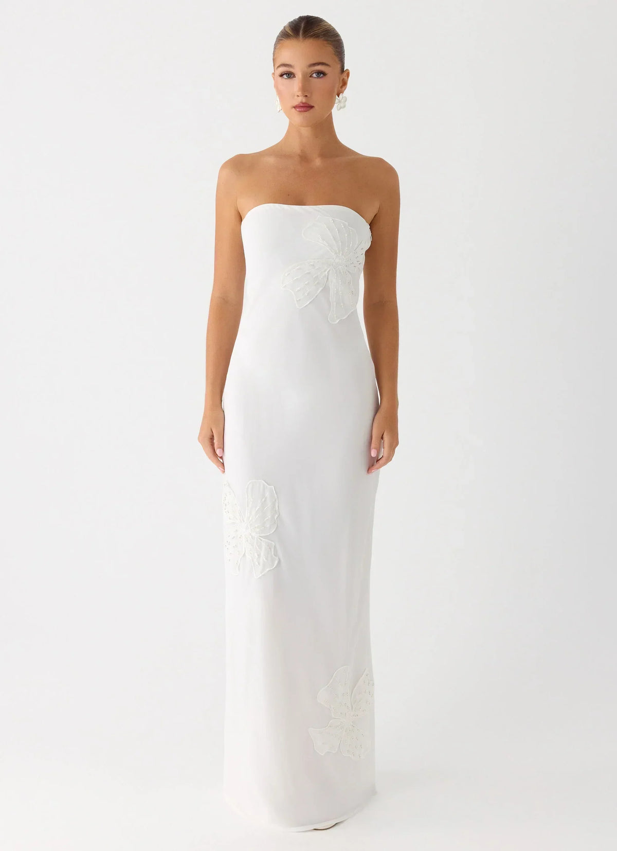 Sassafras Beaded Flower Strapless Maxi Dress - White