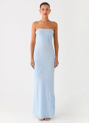 Sassafras Beaded Flower Strapless Maxi Dress - Blue
