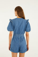 Denim Ruffled Puff Sleeve Romper