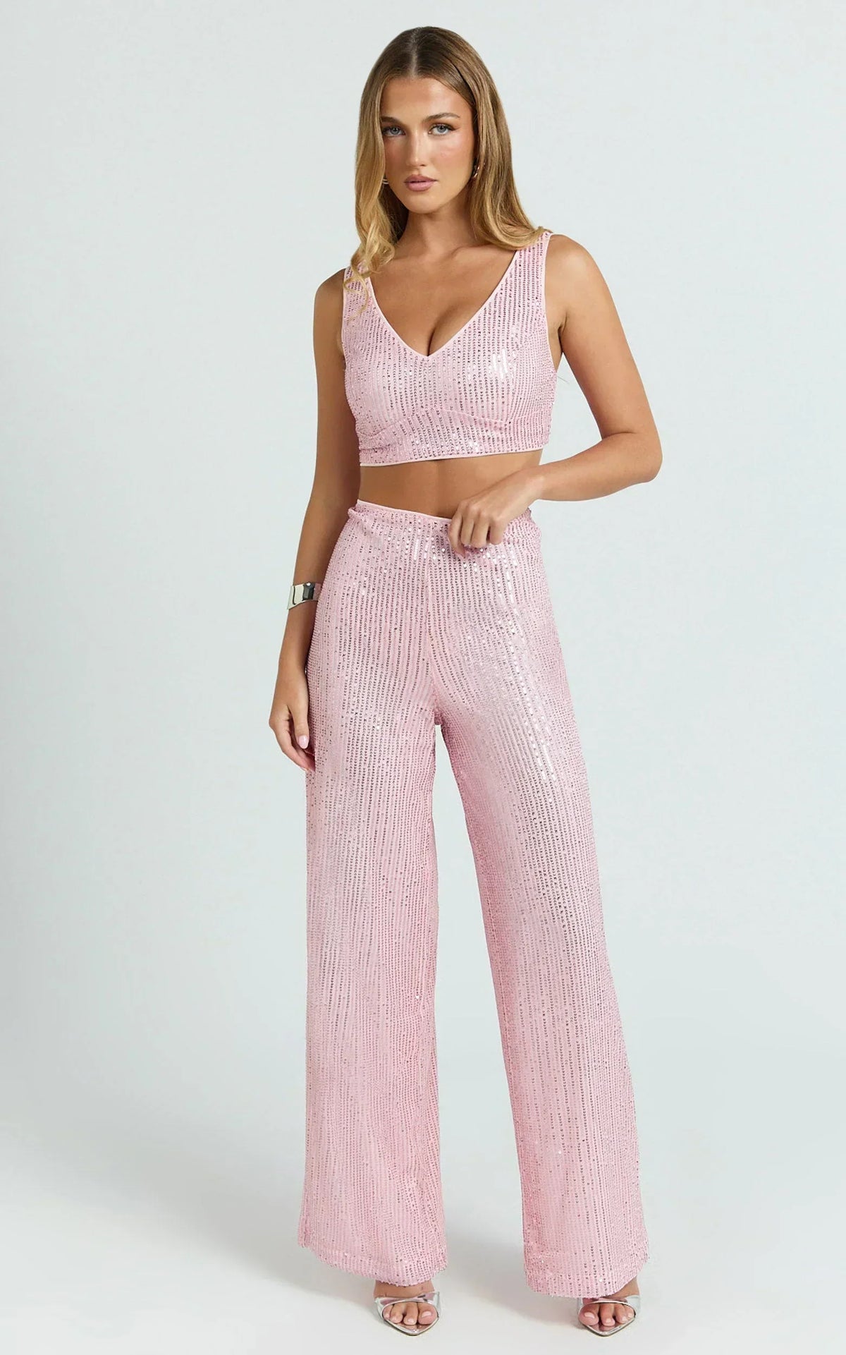 Abela Two Piece Set - Crop Top and Wide Leg Pants Set in Pink Sequin