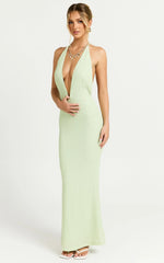 Ada Maxi Dress - Halter Plunge Textured Jersey Open Back Dress in Green