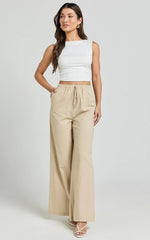Abbey Pants - Wide Leg Drawstring Linen Look Pants in Natural