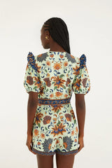 Light Green Floral Delhi Tapestry Belted  Romper